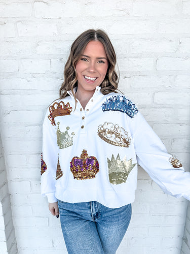 Queen Of Sparkles White Crown Button Up Sweatshirt