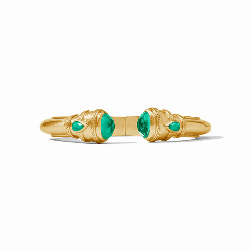 Julie Vos Cannes Demi Cuff - women wearing gold with green crystal, Gold bracelet with emerald green stones on a white background