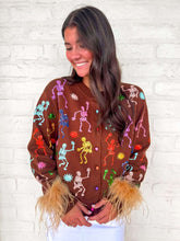 Load image into Gallery viewer, Queen Of Sparkles Brown Multi Skeleton Feather Cardigan