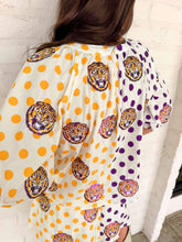 Load image into Gallery viewer, Queen Of Sparkles Licensed LSU Mascot Polka Dot Colorblock Button Up Top
