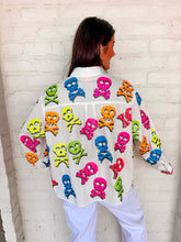 Load image into Gallery viewer, Queen Of Sparkles White Neon Multi Skull &amp; Crossbone Button Up Top