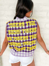 Load image into Gallery viewer, Queen Of Sparkles Licensed LSU Gingham Sequin Beaded Word Knit Tank