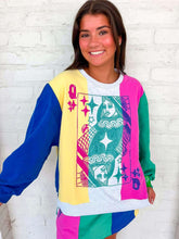 Load image into Gallery viewer, Queen Of Sparkles Multi Colorblock Stripe QOS Card Logo Sweatshirt
