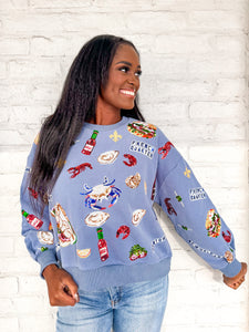 Queen Of Sparkles Blue Louisiana Food Sweater