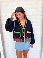 Load image into Gallery viewer, Queen Of Sparkles Black Rainbow Trim button up Cardigan