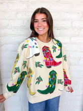 Load image into Gallery viewer, Queen Of Sparkles Beige Multi Christmas Cowboy Boots Sweatshirt