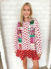 Load image into Gallery viewer, Queen Of Sparkles Red &amp; White Polka Dot Metallic Nutcracker Button Up Cotton
Dress