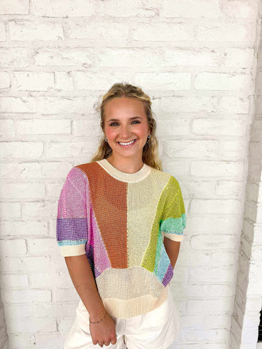 Queen Of Sparkles Sunshine Rainbow Rhinestone Short Sleeve Sweater