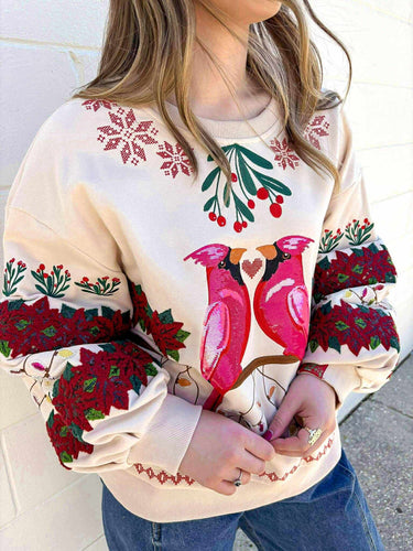 Queen Of Sparkles Beige Christmas Cardinals Under Mistletoe Sweatshirt
