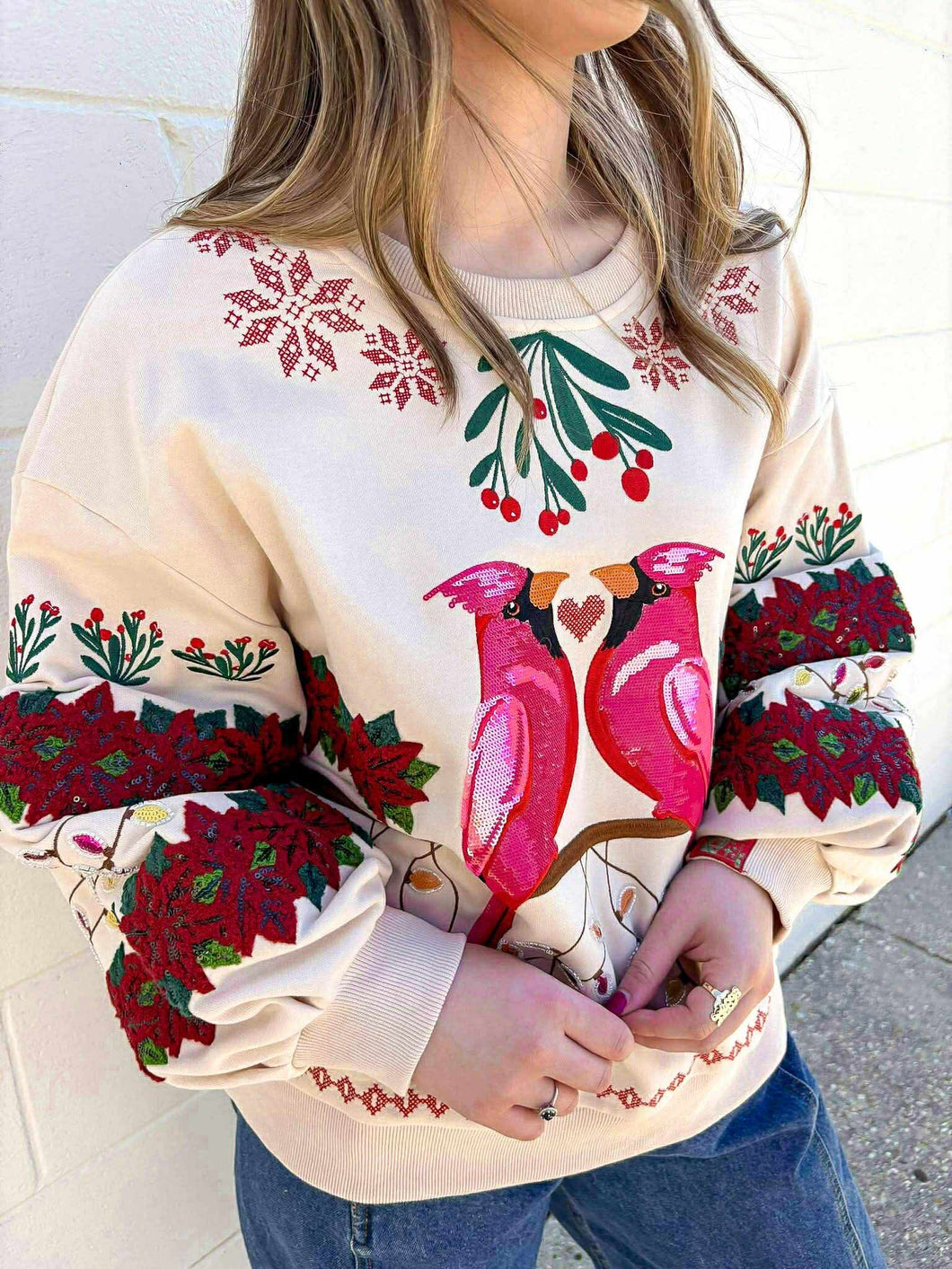 Queen Of Sparkles Beige Christmas Cardinals Under Mistletoe Sweatshirt