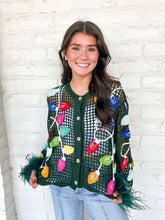 Load image into Gallery viewer, Queen Of Sparkles Green Crochet Multi Christmas Light Cardigan
