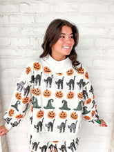 Load image into Gallery viewer, Queen Of Sparkles Light Gray Witch Hat, Pumpkin &amp; Cat Mock neck Sweatshirt