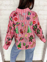 Load image into Gallery viewer, Queen Of Sparkles Light Pink &amp; Red Stripe Christmas Icon Button Up Top