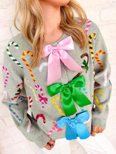 Load image into Gallery viewer, Queen Of Sparkles Grey Multi Candy Cane Multi Bow Sweater