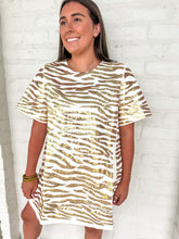 Load image into Gallery viewer, Queen Of Sparkles White With Gold Tiger Short Sleeve Denim Dress