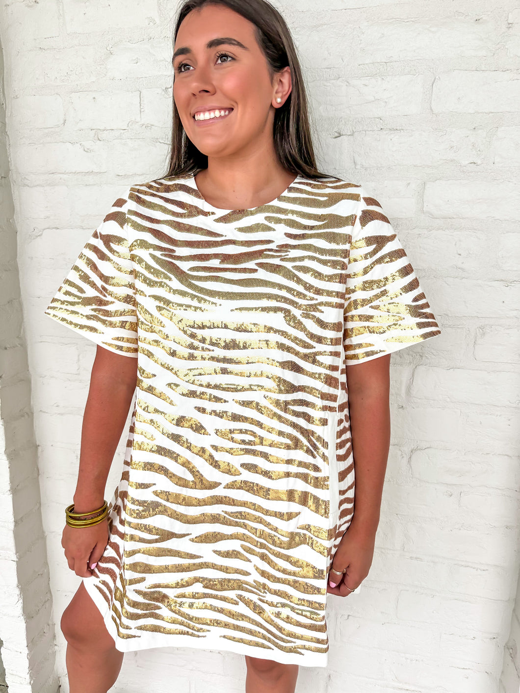 Queen Of Sparkles White With Gold Tiger Short Sleeve Denim Dress