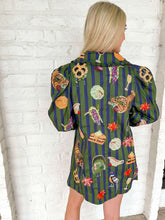 Load image into Gallery viewer, Queen Of Sparkles Dark Green &amp; Blue Striped Thanksgiving Icon Collar Dress