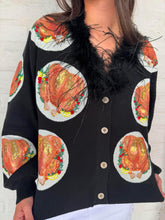 Load image into Gallery viewer, Queen Of Sparkles Turkey On Plates Feather Neck Cardigan