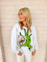 Load image into Gallery viewer, Queen Of Sparkles White &amp; Green Hand Holding QOS Card Sweatshirt