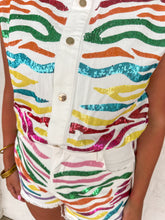 Load image into Gallery viewer, Queen Of Sparkles White Rainbow Tiger Denim Romper
