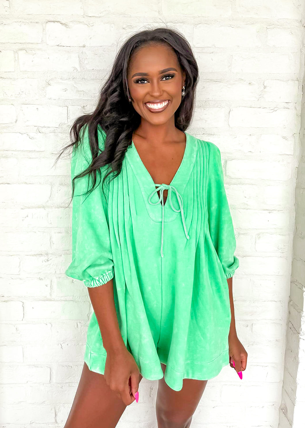 Stay Awhile Green Long Sleeve Romper