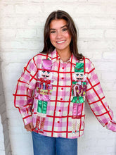 Load image into Gallery viewer, Queen Of Sparkles Pink &amp; Red Plaid Metallic Nutcracker Cotton Button Up Top
