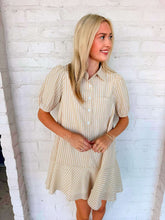 Load image into Gallery viewer, Taupe Stripe Puff Sleeve Shirt Mini Dress
