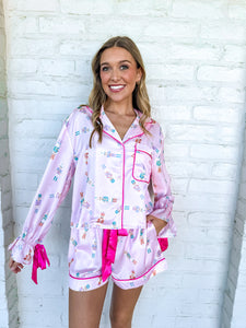 Queen of Light Pink Satin Nutcracker Bow Sleeve Pajama Set