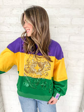 Load image into Gallery viewer, Queen Of Sparkles Purple, Yellow &amp; Green Striped Queen Card Sweatshirt