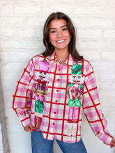 Load image into Gallery viewer, Queen Of Sparkles Pink &amp; Red Plaid Metallic Nutcracker Cotton Button Up Top