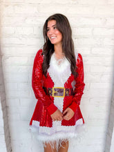 Load image into Gallery viewer, Queen Of Sparkles Red Sequin Santa Feather Trim Dress