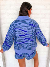 Load image into Gallery viewer, Queen Of Sparkles Blue Sequin Tiger Print QOS Card Mock Neck Sweatshirt