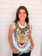 Load image into Gallery viewer, Queen Of Sparkles White Oversized Tiger Feather Trim Tank