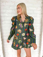 Load image into Gallery viewer, Queen Of Sparkles Dark Green &amp; Blue Striped Thanksgiving Icon Collar Dress