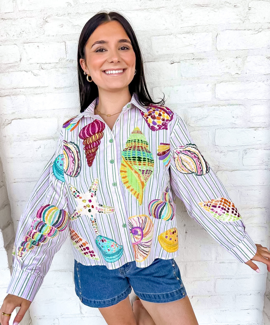 Queen Of Sparkles Striped Sea Shell Button Up Top