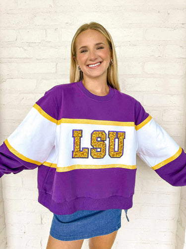 Queen Of Sparkles LSU Color-block Jewel Letter Sweatshirt