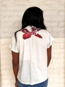 Queen Of Sparkles White and Red Sequin Bandana Fringe Tee