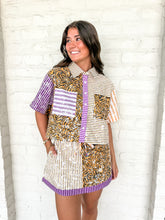 Load image into Gallery viewer, Queen Of Sparkles Purple, Yellow, &amp; Tiger Colorblock Sequin Pocket Top