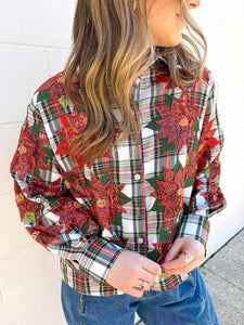 Queen Of Sparkles Red,Green, & White Plaid Poinsettia Button Up Top