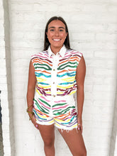 Load image into Gallery viewer, Queen Of Sparkles White Rainbow Tiger Denim Romper
