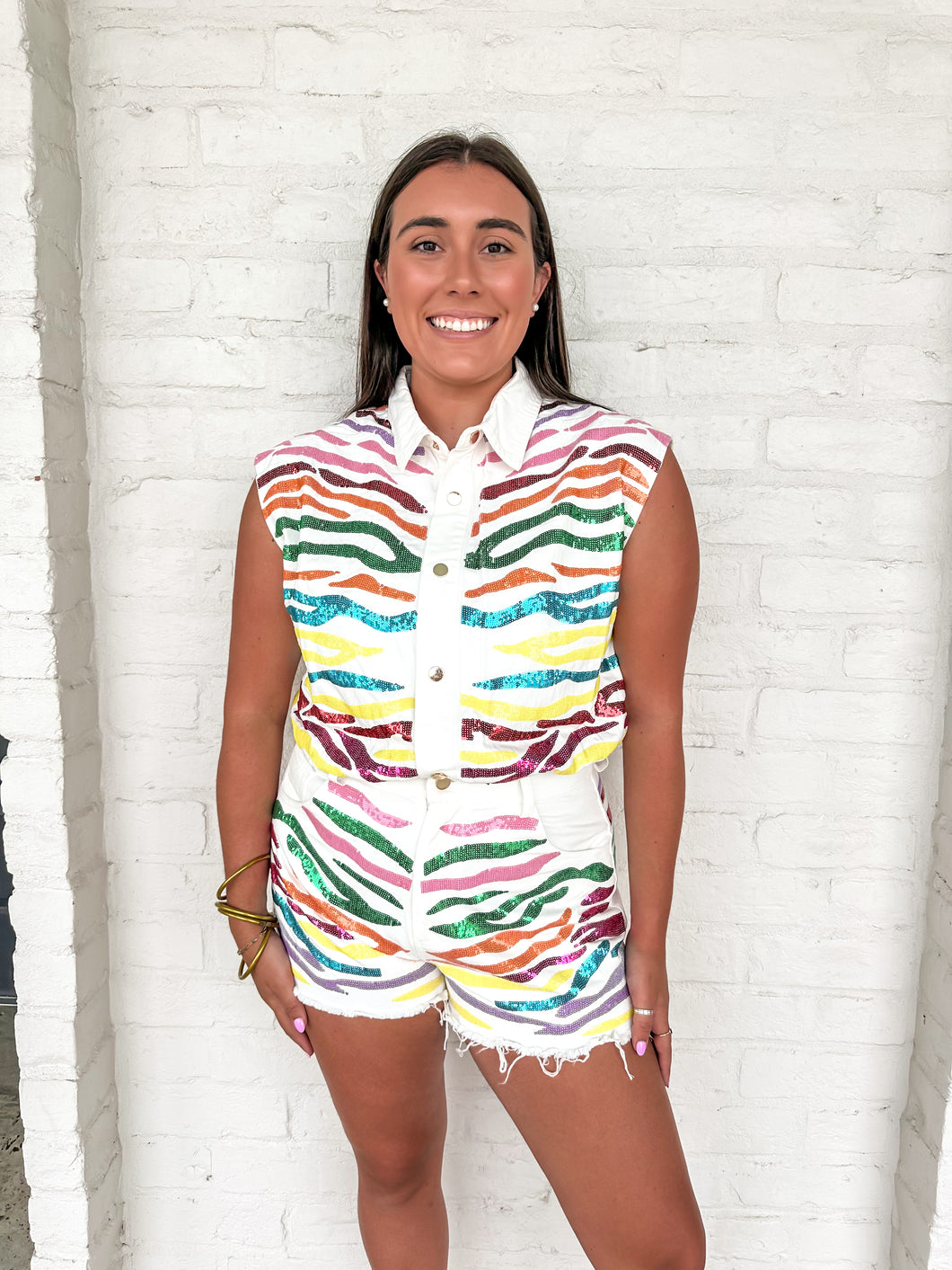 Queen Of Sparkles White Rainbow Tiger Denim Romper