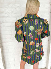 Load image into Gallery viewer, Queen Of Sparkles Dark Green &amp; Blue Striped Thanksgiving Icon Collar Dress