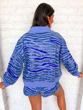 Load image into Gallery viewer, Queen Of Sparkles Blue Sequin Tiger Print QOS Card Mock Neck Sweatshirt