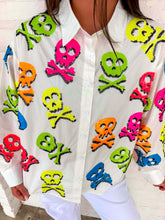 Load image into Gallery viewer, Queen Of Sparkles White Neon Multi Skull &amp; Crossbone Button Up Top