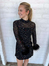 Load image into Gallery viewer, Queen Of Sparkles Black Feather Multi Rhinestone Sequin Romper