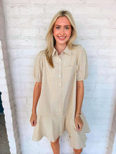 Load image into Gallery viewer, Taupe Stripe Puff Sleeve Shirt Mini Dress