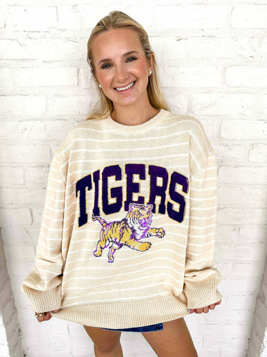 Queen Of Sparkles LSU Beige Stripe Vintage Team Sweater