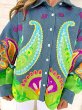 Load image into Gallery viewer, Queen Of Sparkles Denim &amp; Neon Paisley Print Button Up Long Sleeve
