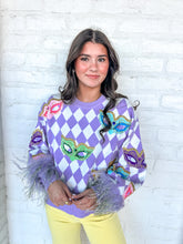 Load image into Gallery viewer, Queen Of Sparkles Lavender &amp; White Diamond Multi Mask Feather Sweater