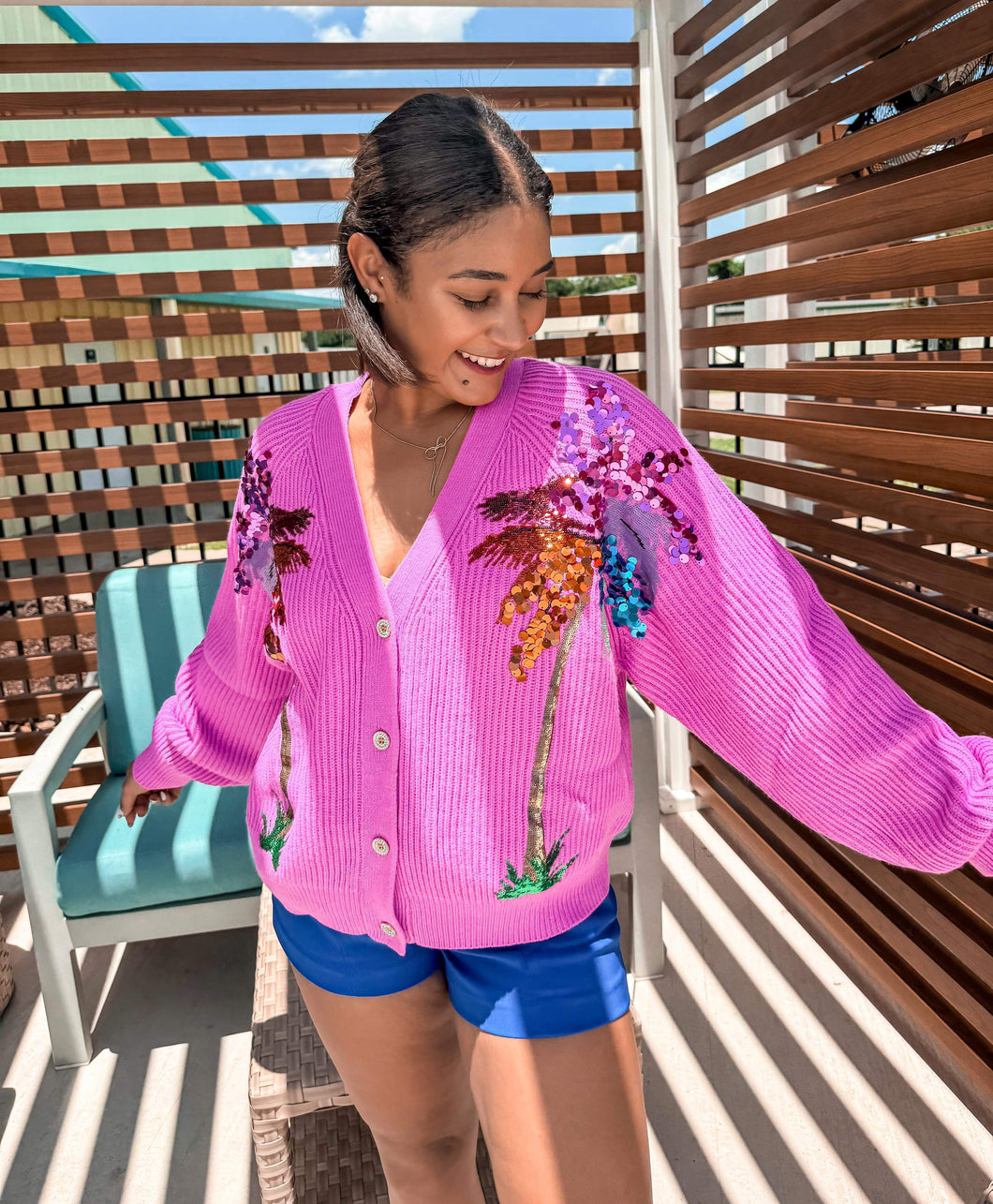 Queen Of Sparkles Purple Palm Tree Cardigan